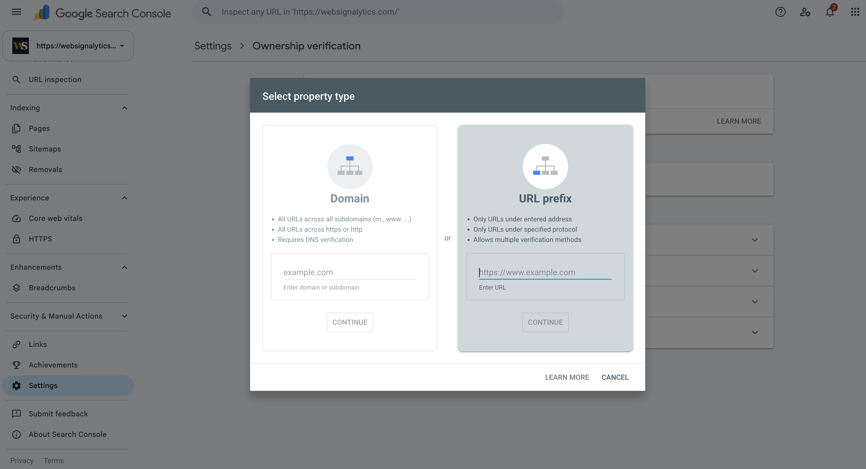 Google Search Console welcome screen showing two options: a Domain card on the left and a URL prefix card on the right.