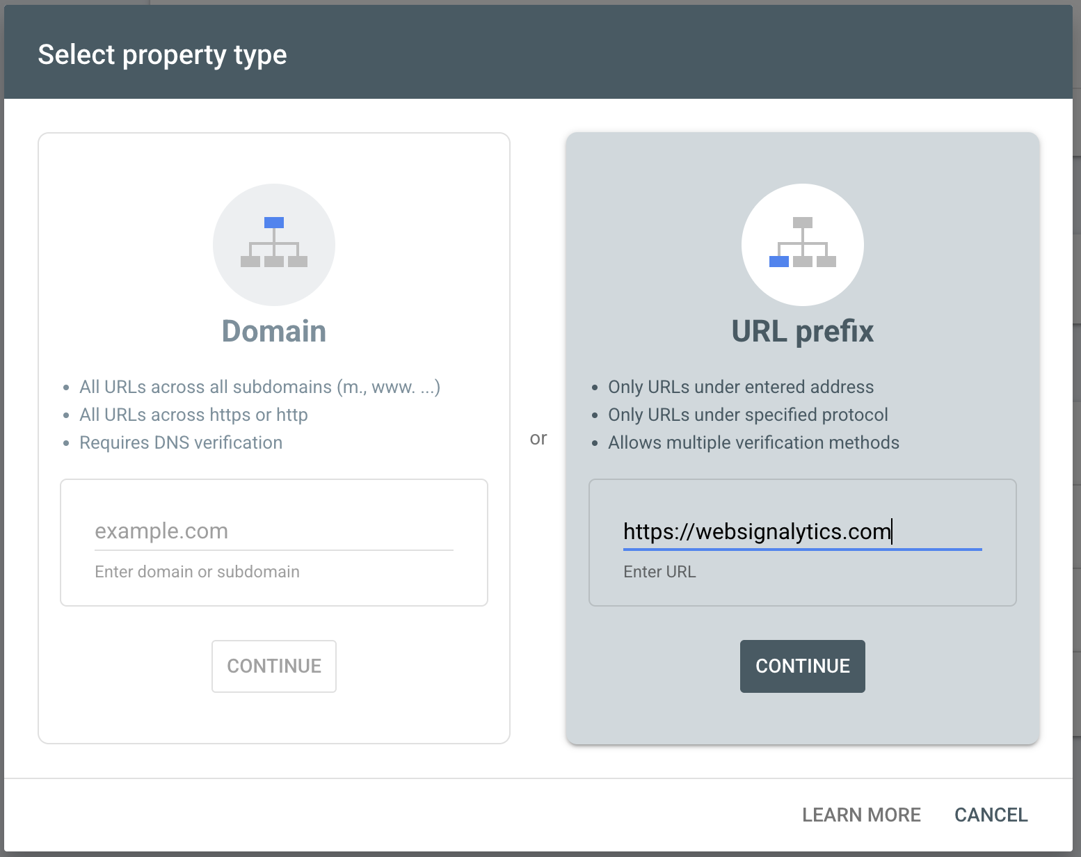 The URL prefix box with a website address typed in and the Continue button highlighted.