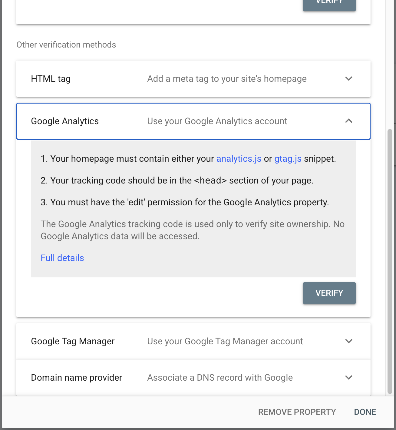 Search Console verification methods list with the Google Analytics option highlighted.