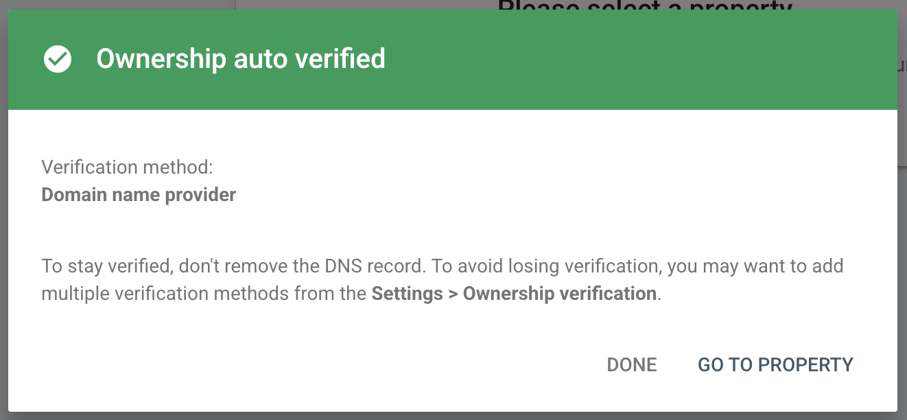 Ownership verified confirmation dialog with a Go to property button.