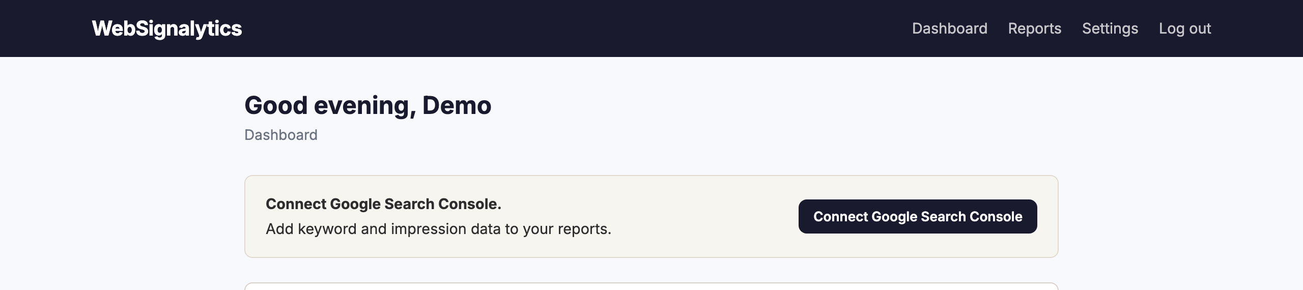 The WebSignalytics dashboard showing the Connect Google Search Console button.